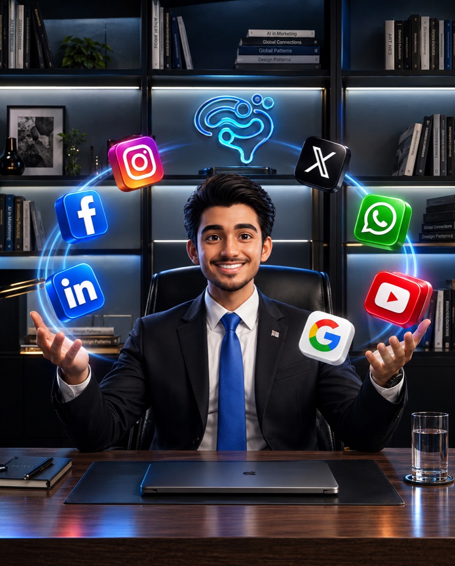 Especialista da INTRAMIND de terno azul, cercado pelos ícones de Instagram, X, WhatsApp, Facebook, YouTube, LinkedIn e Google